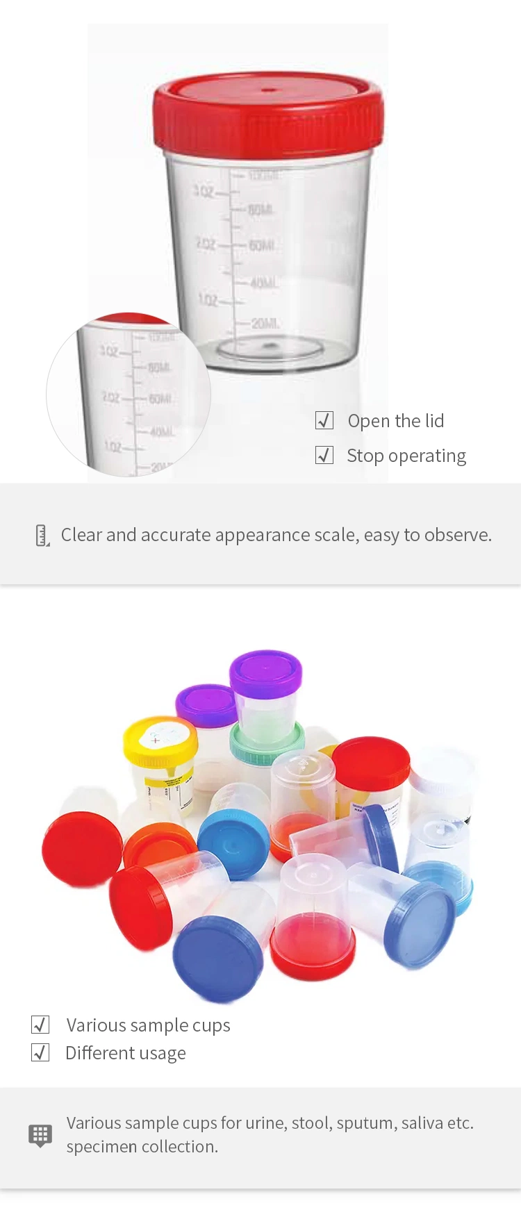 Medical Disposables Sterile Specimen Collector 30ml 60ml 100ml 120ml 150ml Stool Urine Container