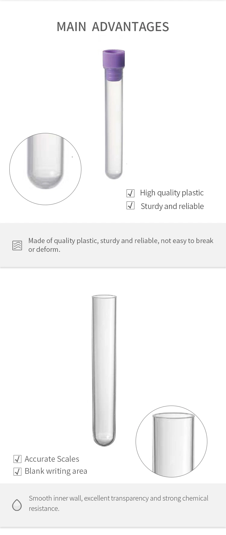 Laboratory Consumables Plastic Test Tube 12*75 12*100 13*75 13*100 15*100 16*100 16*150mm PE PP PS Transparent Test Tubes with Various Color Caps