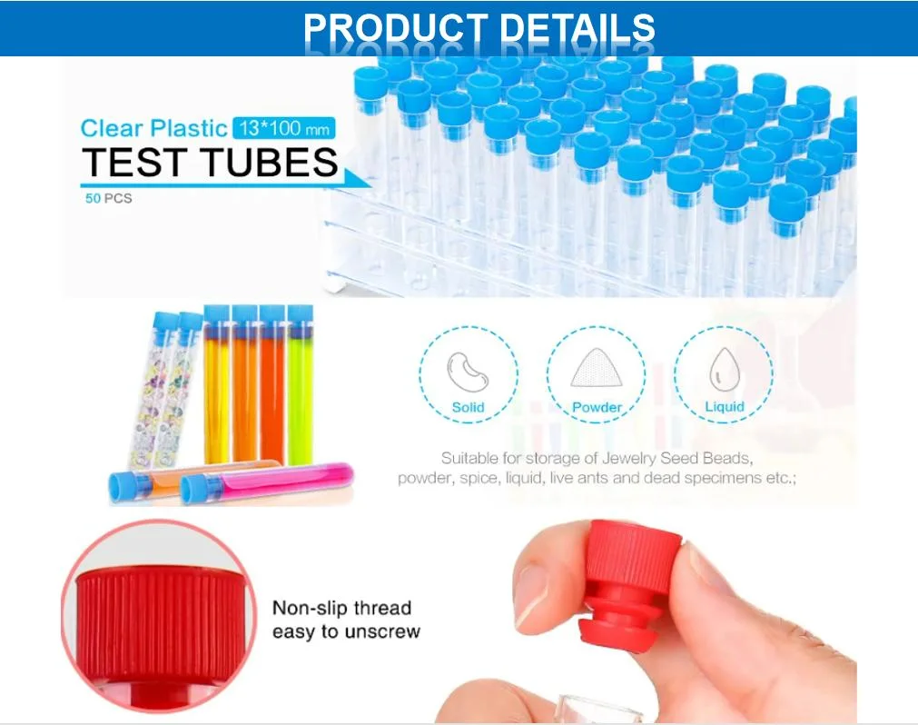 Lab Consumables Plastic Test Tube 13*100mm 16*100mm PE Pet PP PS with a Variety of Colored Lids Transparent Test Tube